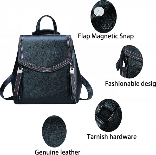 Women’s Genuine Leather Backpack Casual Style Flap Backpacks Daypack for Ladies (Black)