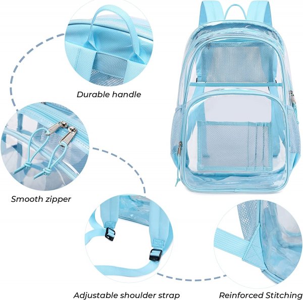 PVC school Backpack Waterproof durable See Through Bag Stadium Approved Clear Schoolbag Daypack Heavy Duty for travel Campus, Baby Blue